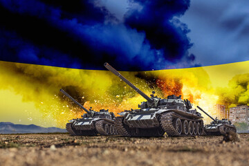 Group of main battle tanks with an explosion on the background. Flames and smoke coming from the destruction of the city