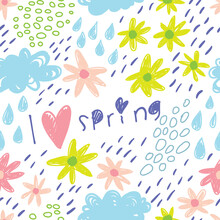 Seamless Pattern With Sun, Clouds, Flowers, Hearts And Polka Dots.