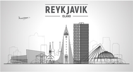 Reykjavik Iceland skyline with panorama in white background. Vector Illustration. Business travel and tourism concept with modern buildings. Image for banner or website.