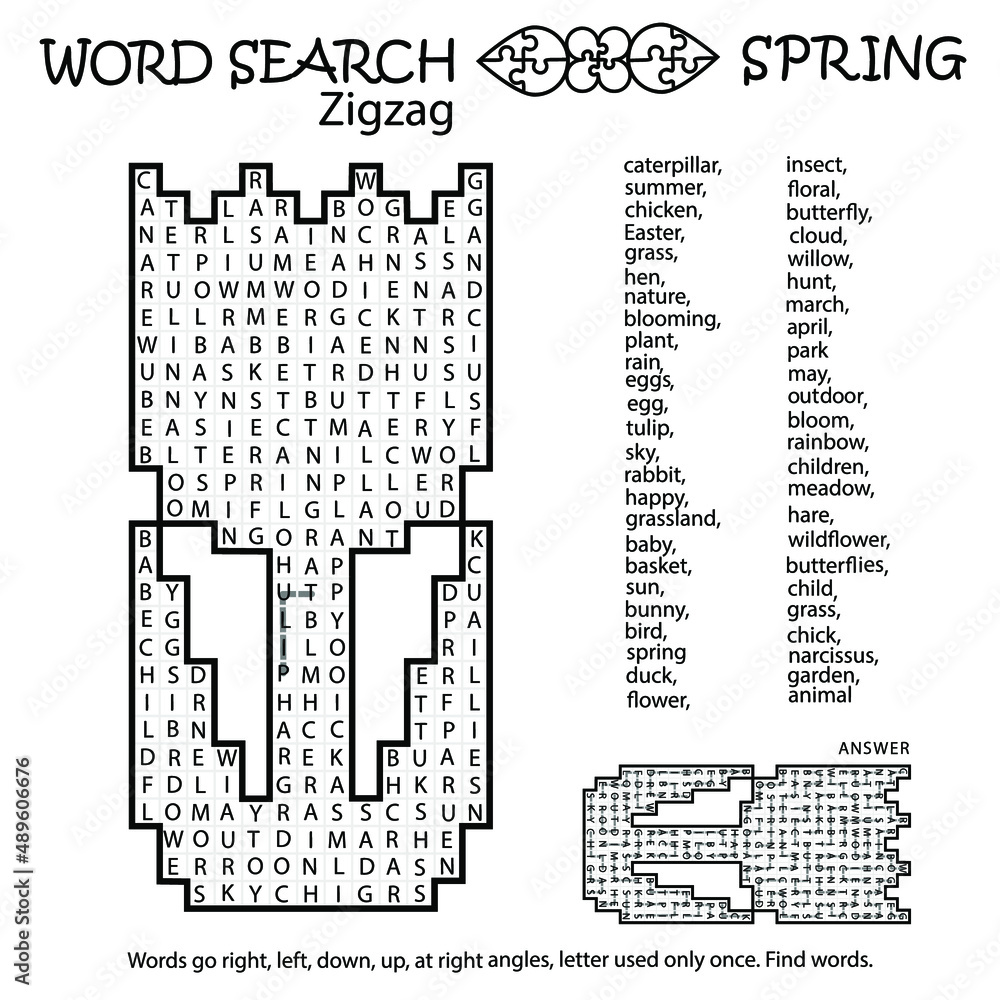 Zigzag Word Search Puzzle with tulip. Spring. Words go right, left, down, up, at right angles,