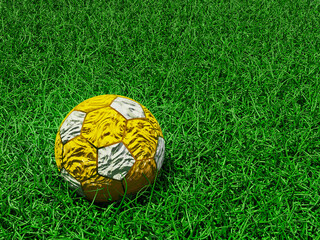 football field white soccer ball. normal pattern with red and white, green grass background. 3d rend