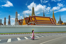 Tourist Walking At Wat Phra Kaew Temple, Bangkok, Thailand.