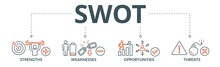 SWOT Banner Web Icon Vector Illustration Concept For Strengths, Weaknesses, Threats And Opportunities Analysis With An Icon Of Value, Goal, Break Chain, Low Battery, Growth, Check, Minus, And Crisis