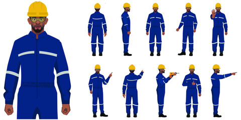 set of factory workers different posses flat style illustration isolated on white background