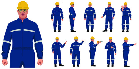 set of factory workers different posses flat style illustration isolated on white background