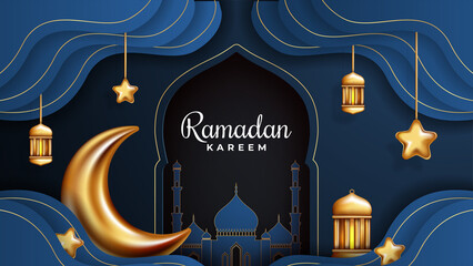 Wall Mural - Ramadan kareem background, illustration with gold ornate arabic lanterns, star, mosque and crescent moon on paper style. Vector illustration