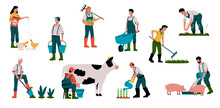 Agriculture And Animal Farm. Cartoon Farmers Work In Field. People Feed Livestock Or Milk Cow. Gardeners Sell Crops And Take Care Of Plants. Organic Food. Vector Farmland Workers Set
