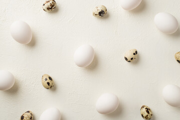 Poster - Top view photo of easter decorations quail and white chicken easter eggs on isolated white background