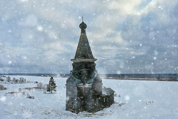 Wall Mural - wooden church winter top view, landscape russian north architecture