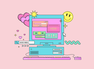 PC with monitor keyboard and mouse in retro style. Computer with musical user interface elements.