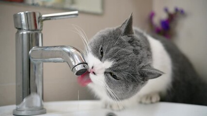 Wall Mural - a british short hair cat drinking from a water tap