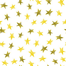 Star Seamless Pattern Background With Black And Yellow Color In Doodles Hand Drawn Style.  Cute And Modern Festive Pattern With Stars Shape. Can Use For Kids Texture, Print Textile, Wrapping Paper