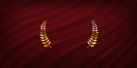 award nomination emblem, gold laurel wreath with red curtain background. movie award ceremony openin