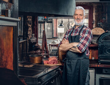 Confident Old Man Posing In Meat Grocery In Vintage Style
