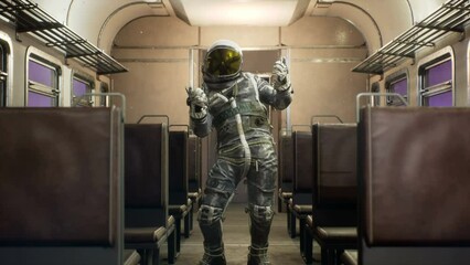 Wall Mural - an astronaut pointing fingers flies on an interstellar train travelling at superluminal speed. the c