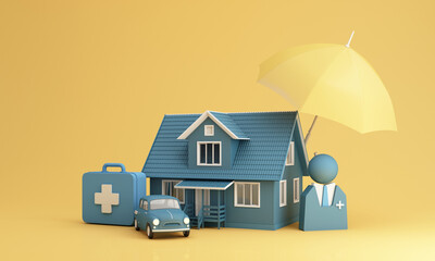 Wall Mural - Insurance company client take out complete insurance concept. Assurance and insurance: car, real estate and property, travel, finances, health, family and life. 3d render yellow and blue