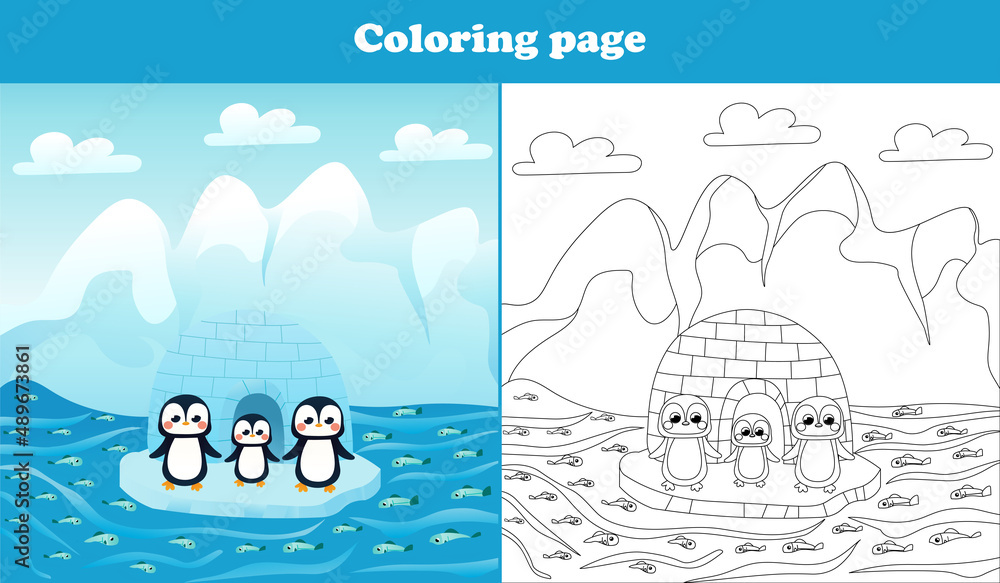 Arctic landscape for kids with cute penguin characters, coloring page ...