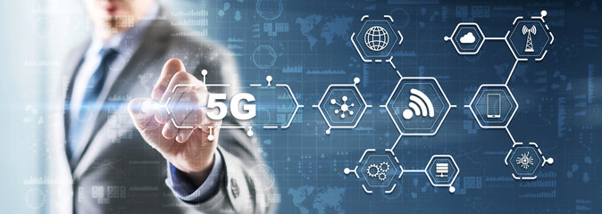 Wall Mural - 5g network wireless internet concept. man touching 3d icon 5g