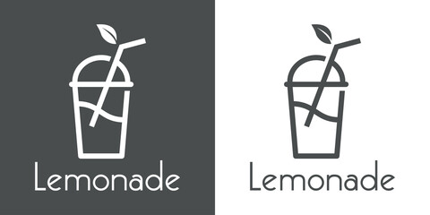 Sticker - Logo Juice bar. Banner con texto Lemonade con taza de papel con tapadera, hojas y líquido con líneas en fondo gris y fondo blanco