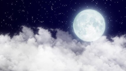 clouds with full moon and starry night animation,glowing and shiny stars and big moon,space and gala