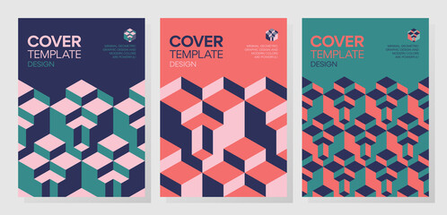 Wall Mural - Set of trendy abstract 3d optical illusion geometric shapes cover design. 