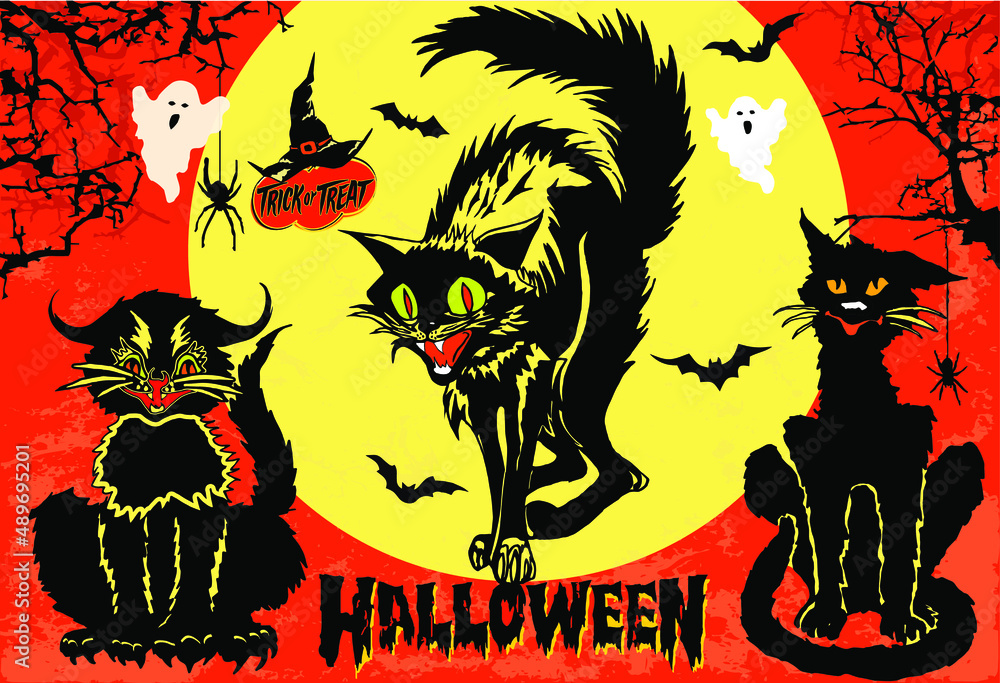 Halloween set of 3 black angry cats on full moon and orange sky ...