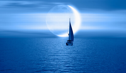 Wall Mural - Lonely yacht sails on the background of the crescent or new moon