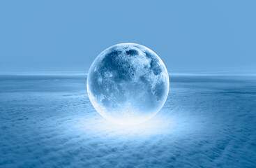 Fotobehang - Blue full moon standing over the sea 