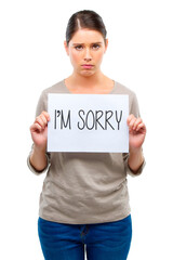 Poster - It wont happen again. A young woman holding a board with the words Im sorry.