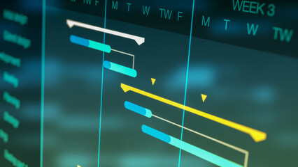 project management software, futuristic interface, gantt chart, concept of project planning, flashing lights on backgrounds (3d render)