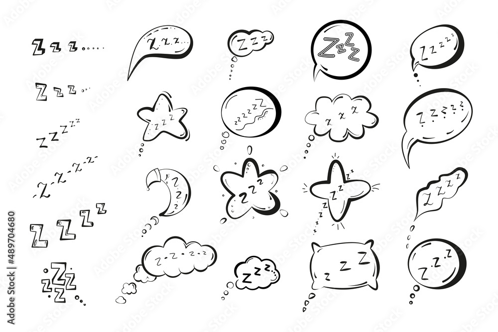 Sleep set in sketch cartoon style. Night doodle symbols pillow, moon ...