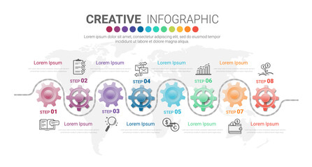 Engineering tech progress business presentation 8 steps. Cogwheel connection banner.