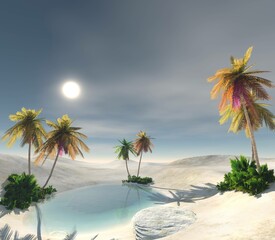 Oasis at sunset in a sandy desert, a panorama of the desert with palm trees,
3d rendering