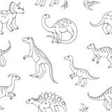 Fototapeta Dinusie - Seamless vector pattern with sketch of dinosaurs. Decoration print for wrapping, wallpaper, fabric. Seamless vector texture. 