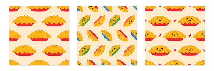 Wall Mural - Set, collection of three vector seamless pattern background with apple pies and colorful pie characters for food design.
