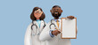 3d rendering, african man doctor holds blank clipboard and caucasian woman nurse in glasses. Medical colleagues hospital staff. Cartoon characters isolated on blue background
