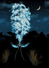 An Old Fashioned Steam Locomotive Is Seen Steaming Down The Tracks At Night Under The Stars In A 3-d Illustration.