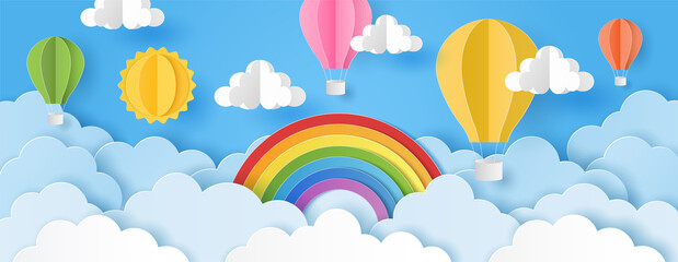 Paper cut style of sun, clouds and hot air balloons with rainbow on blue sky. Summer background.  Vector illustration