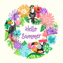 Hello Summer Background With Tropical Birds And Exotic Flower. Hello Summer Print.