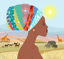 Beautiful African Woman With Scarf On Her Head In African Savann