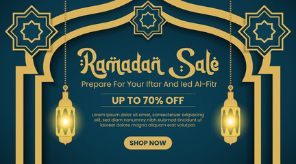 Wall Mural - Ramadan sale banner design with mosque gate and lantern