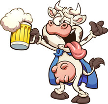 Cartoon Drunk Super Cow Holding A Beer. Vector Clip Art Illustration With Simple Gradients. All On A Single Layer.
