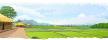 A View Of A Peaceful Village. Large Farmlands In The Middle Of A Large Landscape. Village Houses With Rice And Paddy Fields.