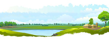 A Beautiful Lake Is Present In The Middle Of The Rice Fields. Farmhouses Next To Farmlands.