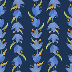 Wall Mural - Seamess background from watercolor drawings of abstract blue bellflowers in rows