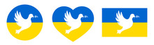 Pray For Ukraine. Stop The War. Heart-shaped Icon With Ukrainian Flag. Flying Peace Dove With Olive Branch Logo Symbol. White Pigeon. Say No To War. 