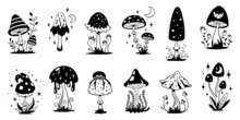 Magic Mushrooms. Art Mystic Mushroom, Black Hippy Groovy And Psychedelic Fantasy Fungus With Celestial Signs. 70s Vintage Witchy Garish Vector Stickers