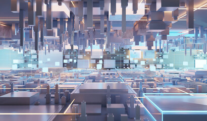 Wall Mural - Electronic circuit board close up, computer chip, mother board with neon lights, 3D rendering illustration.