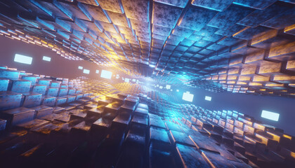 Wall Mural - Sci fi technology background, Futuristic sci-fi corridor with metal shapes and glowing neon lights. Abstract technology background. 3D rendering