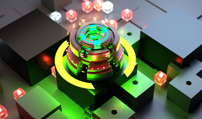Wall Mural - Electronic circuit board close up, computer chip, mother board with neon lights, 3D rendering 
